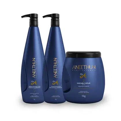 Produtos de tratamento capilar da marca Aneethun. Dois frascos de plástico azul escuro com bombas dosadoras pretas, contendo shampoo e creme de silicone. Um pote azul escuro com tampa preta contendo máscara capilar de hidratação intensa.