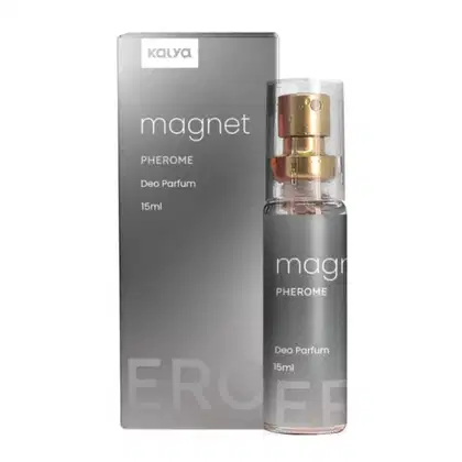 Produto de beleza da marca Kalya, um desodorante perfumado com feromônios chamado "Magnet" em embalagem de frasco de 15ml com rótulo em tons de cinza e dourado.