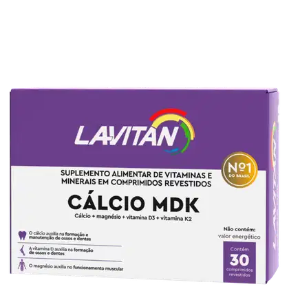 Suplemento de Cálcio MDK Magnésio Vitaminas D e K2, da marca Lavitan, com 30 comprimidos revestidos