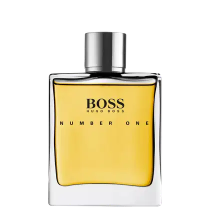 A imagem mostra o perfume Hugo Boss Number One em um frasco retangular transparente com líquido amarelo e tampa prateada cilíndrica. O rótulo preto exibe o texto "BOSS HUGO BOSS NUMBER ONE" em letras brancas.