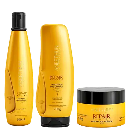A imagem mostra um shampoo 300ml, um finalizador 250g e uma máscara em pote de 250g. Todos os produtos são de cor amarela e tampa preta.
