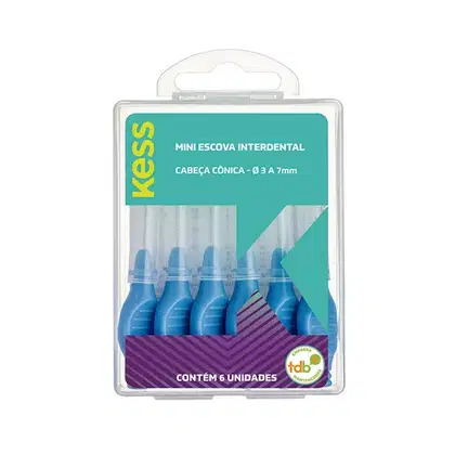 Mini escova interdental com cabeça cônica de 3 a 7 mm, contendo 6 unidades em embalagem plástica transparente com detalhes em azul e roxo da marca Kess.