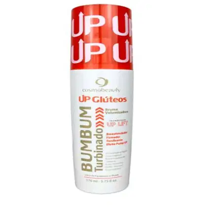 Creme para glúteos da marca Cosmobeauty, chamado "UP Glúteos". O rótulo do produto exibe o nome "UP Glúteos" em destaque, juntamente com informações sobre a fórmula, como "Bruma Volumizadora" e "Up Lift".