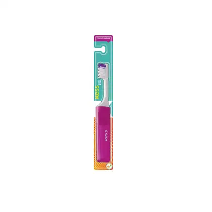 Escova de dentes Kess de cor roxa e verde, com embalagem plástica destacando o nome da marca. O produto apresenta um design ergonômico e uma cabeça de escova com cerdas brancas.