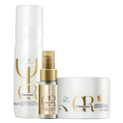 Kit com shampoo, óleo e máscara capilar da linha Oil Reflections da marca Wella Professionals.