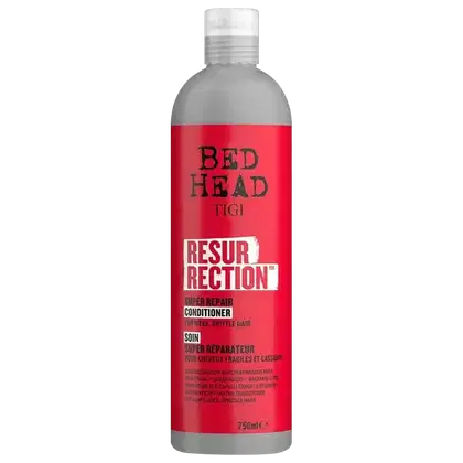 Frasco de condicionador da linha Bed Head da TIGI, com embalagem vermelha e branca, rotulado como "Resurrection Super Repair Conditioner" para cabelos fracos e quebradiços.