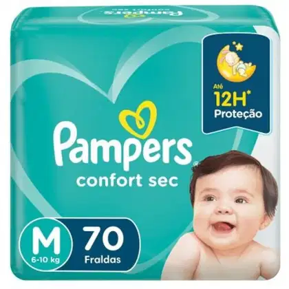 Caixa de fraldas descartáveis Pampers Confort Sec, tamanho M, com 70 unidades, para bebês de 6 a 10 kg. Embalagem verde e azul com logotipo da marca e imagem de um bebê sorridente.