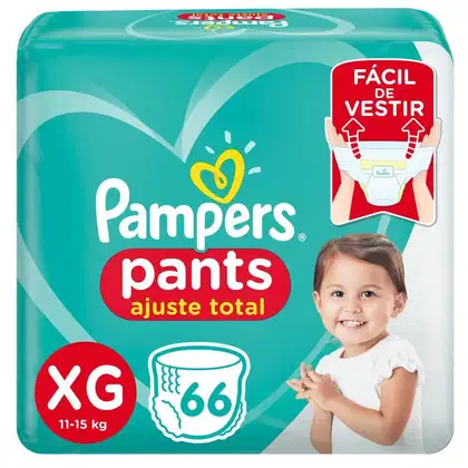 Pacote de fraldas-calça Pampers tamanho XG, 11-15 kg, com 66 unidades. Embalagem verde com logotipo da marca e texto "Fácil de vestir". Imagem de criança sorridente no rótulo.