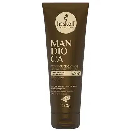 Ativador de cachos Haskell. A embalagem é um tubo de cor marrom, com um logotipo da marca em um círculo branco. O produto é descrito como sendo vegano, sem parabenos e sem corantes, com propriedades de crescimento e hidratação para cabelos e opacas.