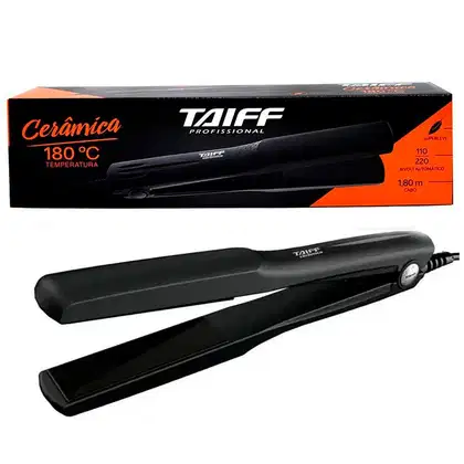 Prancha de cabelo Taiff, com temperatura de 180°C. A embalagem é preta e laranja, com o nome da marca "Taiff Professional" destacado. O produto possui controle de temperatura automático, indicado pelos números "110" e "220" na embalagem.