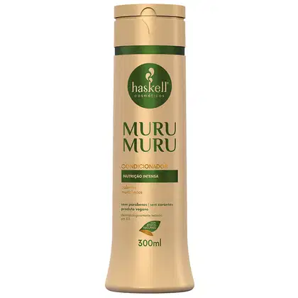 Condicionador Haskell, chamado "MuruMuru". A embalagem é um frasco cilíndrico de cor bege com detalhes em verde, contendo 300ml do produto.