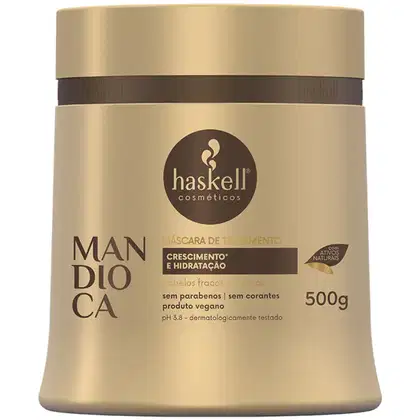 Máscara de tratamento capilar Haskell. O produto é descrito como sendo para crescimento e hidratação dos cabelos, sem parabenos e corantes, e com pH 3.8, sendo testado dermatologicamente.