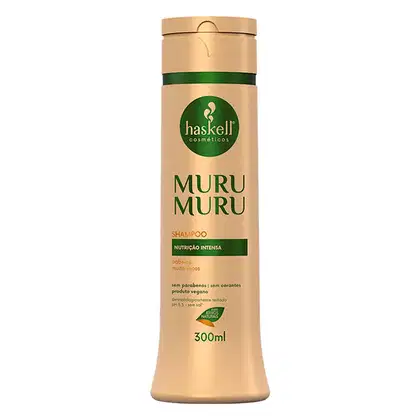 Shampoo Haskell, chamado "MuruMuru". A embalagem é um frasco dourado com um rótulo verde, contendo 300ml do produto. O rótulo apresenta informações sobre a composição do shampoo, destacando que é "sem parabenos, sem corantes" e "produto vegano".