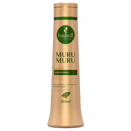 Shampoo Haskell, chamado "MuruMuru". A embalagem é um frasco dourado com um rótulo verde, contendo 500ml do produto. O rótulo apresenta informações sobre a composição do shampoo, destacando que é "sem parabenos, sem corantes" e "produto vegano".