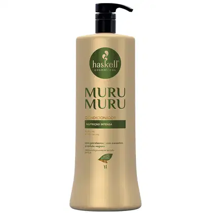 Condicionador Haskell, "Murumuru". O rótulo exibe o nome do produto, "Murumuru", bem como informações sobre sua composição, como "Nutrição Intensa" e "Sem parabenos, sem corantes". O frasco possui um dispensador preto na parte superior.