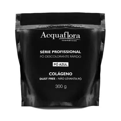 Embalagem preta de 300g do pó descolorante rápido da série profissional da Acquaflora, com rótulo destacando o produto como "Pó Azul" e mencionando que é à base de colágeno, sem levantar pó.