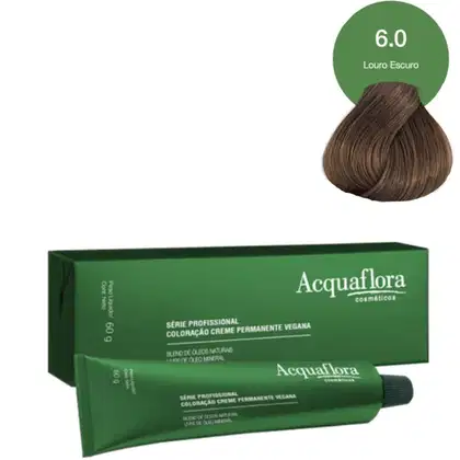 Caixa verde da linha profissional Acquaflora contendo tubo de coloração creme permanente vegana na cor louro escuro 6.0. Embalagem e produto apresentam design e informações sobre a marca e características do produto.