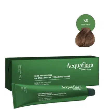 Caixa verde e tubo de creme de coloração permanente vegana da linha profissional da marca Acquaflora, com indicação da tonalidade "Louro Natural" 7.0.