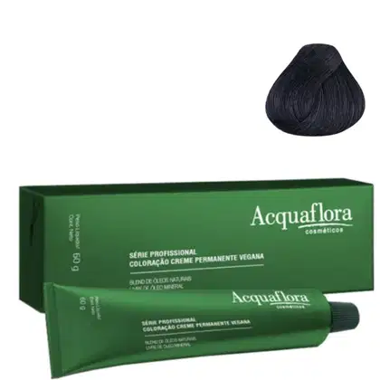Caixa verde e tubo de creme de coloração permanente vegana da linha profissional da marca Acquaflora