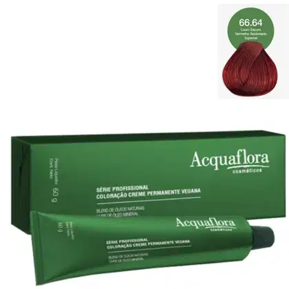 Caixa verde e tubo de creme de coloração permanente vegana da linha profissional da marca Acquaflora, com indicação da tonalidade  66.64 Louro Escuro Vermelho Acobreado Especial