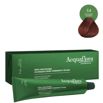 Caixa verde e tubo de creme permanente vegano da linha profissional de coloração da marca Acquaflora, com a tonalidade de cor 7.4 Louro Natural Acobreado.