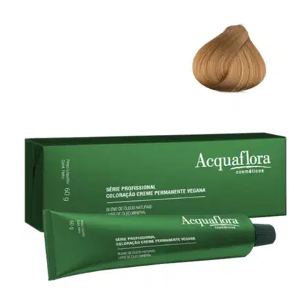 Caixa verde e tubo de creme de coloração permanente vegana da linha profissional da marca Acquaflora, com indicação da tonalidade 8.3 Louro Claro Dourado
