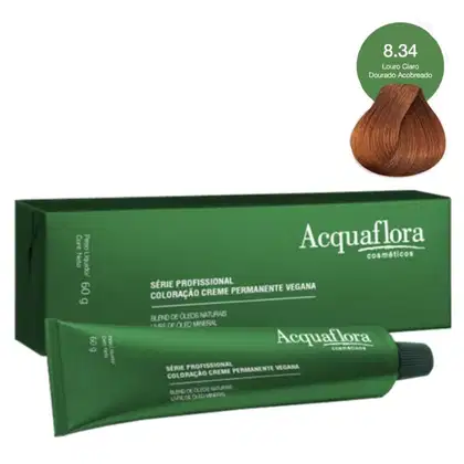 Caixa verde e tubo de creme de coloração permanente vegana da linha profissional da marca Acquaflora, com indicação da tonalidade 8.34 Louro Claro Dourado Acobreado