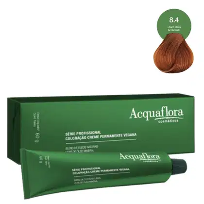 Caixa verde e tubo de creme de coloração permanente vegana da linha profissional da marca Acquaflora, com indicação da tonalidade 8.4 Louro Claro Acobreado