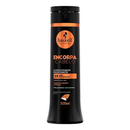 Condicionador engrossador Haskell, chamado "Encorpa Cabelo". O texto no rótulo indica que o produto é um condicionador engrossador que promete "2x mais engordados", contém ácido hialurônico e peptídeos, e é livre de parabenos e corantes. Possui 300ml.