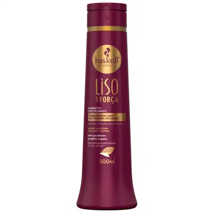 Shampoo disciplinante da marca Haskell, chamado "Liso com Força". O rótulo destaca os benefícios do shampoo, como cabelos mais lisos e disciplinados após a aplicação, além de mencionar a presença de uma fórmula com ácidos, açúcar e biotina. Contém 500ml