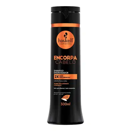 Shampoo Haskell Encorpa Cabelo. O frasco possui um design cilíndrico e uma tampa preta. O tamanho do produto é de 300ml.