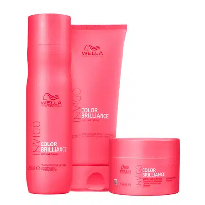 Produtos da linha Color Brilliance da Wella Professionals, incluindo shampoo, condicionador e máscara