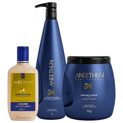 Um frasco azul escuro de 1 litro de shampoo silicone com tutano e queratina. Um frasco BEGE de 250ml de creme silicone para brilho e proteção. Um pote azul escuro de 1kg de máscara capilar pH 4.0 para hidratação intensiva.