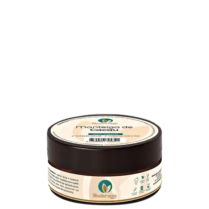 O produto apresentado é um pote de manteiga de cacau da marca Oleoterapia Brasil.