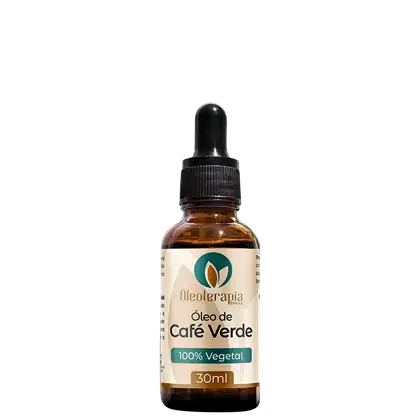O produto apresentado é um óleo de Café Verde da marca Oleoterapia Brasil. O frasco é de vidro âmbar com um conta-gotas preto na tampa. O rótulo é branco com detalhes em verde e laranja, indicando que o produto é 100% vegetal.