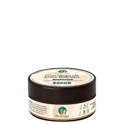 O produto apresentado é a Manteiga de Coco Babaçu da marca Oleoterapia Brasil. O rótulo indica que se trata de um produto 100% vegetal, com nutrição capilar e cutânea.