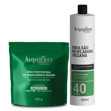 Emulsão reveladora vegana Acquaflora em frasco de 900ml e pó descolorante vegano Acquaflora em embalagem de 300g, ambos com design minimalista em tons de verde e branco.