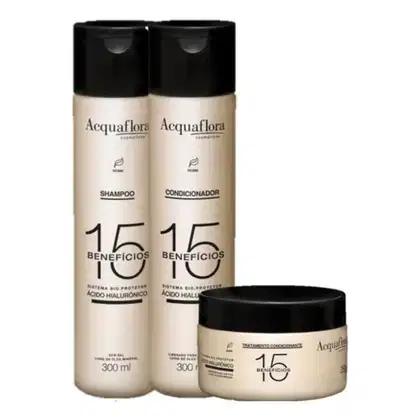 Conjunto de produtos Acquaflora, incluindo shampoo, condicionador e tratamento capilar, em embalagens pretas e brancas com destaque para os "15 benefícios" do sistema de ácido hialurônico.