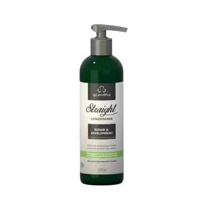 Frasco de condicionador Grandha Straight, com 240g, em embalagem verde e branca, com rótulo destacando "Repair & Envelopment" e informações sobre o produto.