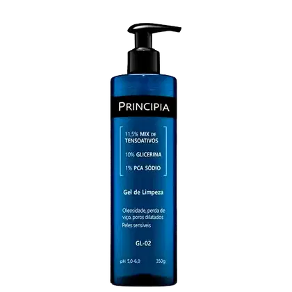 Frasco de gel de limpeza da marca Principia, com bomba dosadora preta. Embalagem azul com rótulo destacando a composição do produto.