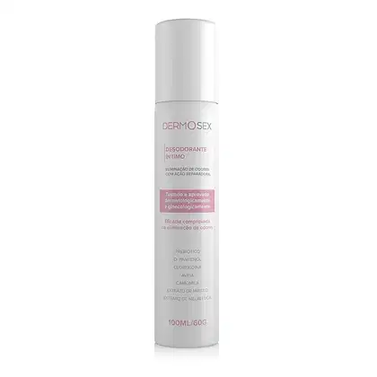 O produto apresentado é um desodorante íntimo da marca Dermosex. A embalagem é um frasco branco com um rótulo rosa, contendo informações sobre o produto, como sua finalidade de eliminar odores íntimos com ação reparadora.