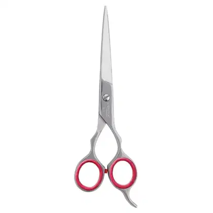 As tesouras de corte de cabelo da Vertix apresentam um design elegante e moderno. Elas possuem um corpo metálico prateado com detalhes em vermelho nos anéis de apoio para os dedos.