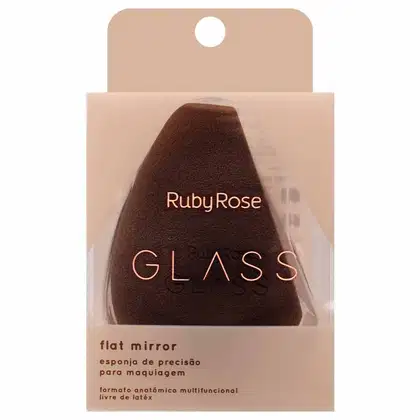 Esponja de precisão para maquiagem da marca Ruby Rose, chamada "Glass". A esponja em si é de cor marrom escura, com um formato cônico e textura macia.