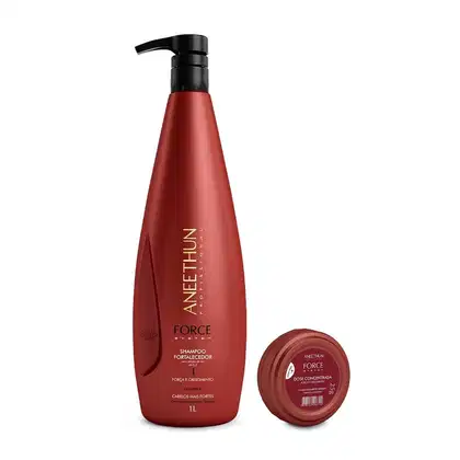 Kit com shampoo e dose fortalecedora Force System, da marca Aneethun.