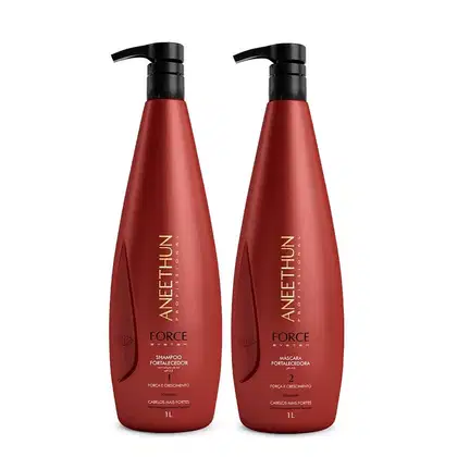 Dois frascos de plástico vermelho com bombas pretas no topo, contendo produtos para cabelos da linha Force System da marca Aneethun. Um frasco está rotulado como "Shampoo Fortalecedor" e o outro como "Máscara Fortalecedora".