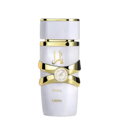 Frasco de perfume branco e dourado da marca Lattafa, com rótulo dourado exibindo o nome "Yara". O frasco possui uma tampa dourada e uma faixa dourada em torno da embalagem.