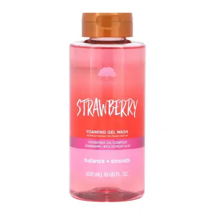 Frasco de gel de banho da marca Tree Hut, com rótulo rosa e laranja destacando o aroma de morango, contendo 532 ml do produto.
