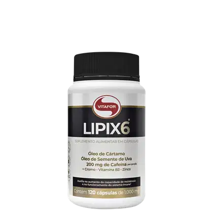 Suplemento alimentar em cápsulas da marca Vitafor, chamado Lipix6, contendo óleo de cártamo, óleo de semente de uva, 200 mg de cafeína e outros nutrientes. A embalagem é um frasco branco com rótulo preto e vermelho, contendo 120 cápsulas de 1.000 mg.