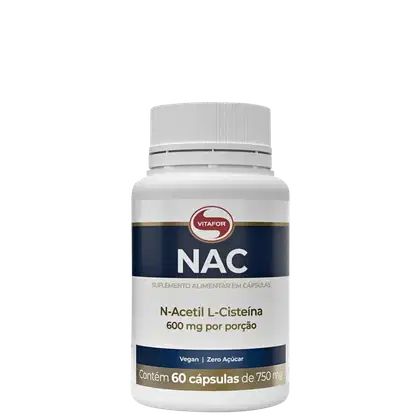Suplemento alimentar em cápsulas da marca Vitafor, contendo 600 mg de N-Acetil L-Cisteína por porção. Embalagem branca com detalhes em azul e dourado, com informações sobre o produto e sua composição.