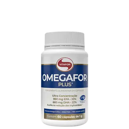 Frasco branco com rótulo azul e vermelho da marca Vitafor, contendo 60 cápsulas de 1g do suplemento alimentar Omegafor Plus, com concentração de 990mg de EPA e 660mg de DHA.